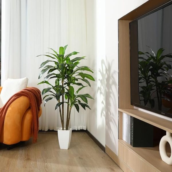 Artificial Dracaena Tree 4Ft Fake Plants with White Taper Planter Fake Tree Faux Artificial Plants for Indoor Outdoor Wall Office Home Living Room Floor Decor,Set of 1 - Image 4