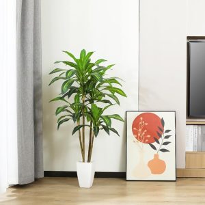 Artificial Dracaena Tree 4Ft Fake Plants with White Taper Planter Fake Tree Faux Artificial Plants for Indoor Outdoor Wall Office Home Living Room Floor Decor,Set of 1