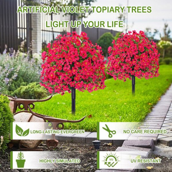 23.6in Artificial Violet Ball Topiary Trees with Ground Spikes,Artificial Boxwood Topiary Ball Trees,Fade Resistant Faux Artificial Shrubs Tree for Indoor Outdoor Front Porch Decor (Hot Pink, 2 PC) - Image 2