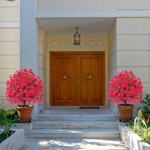 23.6in Artificial Violet Ball Topiary Trees with Ground Spikes,Artificial Boxwood Topiary Ball Trees,Fade Resistant Faux Artificial Shrubs Tree for Indoor Outdoor Front Porch Decor (Hot Pink, 2 PC)