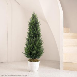 Artificial Topiary Cedar Trees 4FT Tall 2 Set, Outdoor Indoor Faux Pine Shrubs Plants, Realistic Fake Plants Front Porch Decor, Artificial Bushes Cypress for Home Front Door Offices